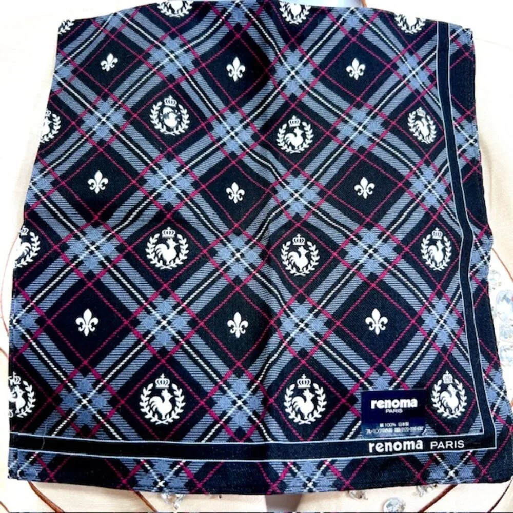 New Renoma Paris for Men Handkerchief costton/silk, 18" black gray Red Logo(40 - Picture 1 of 4